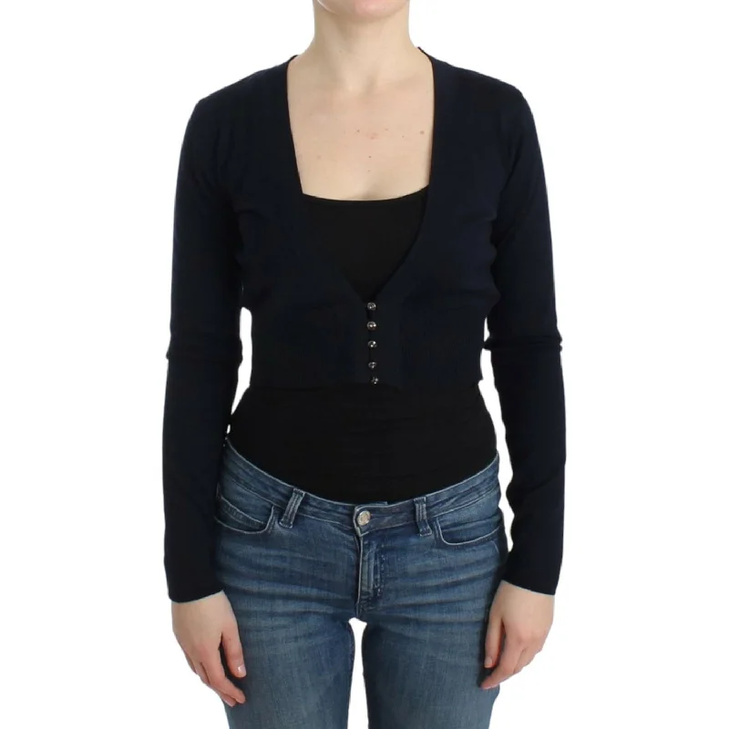 Cavalli Elegant Black Cropped Virgin Wool Cardigan Hooded Caped Shawl Collar