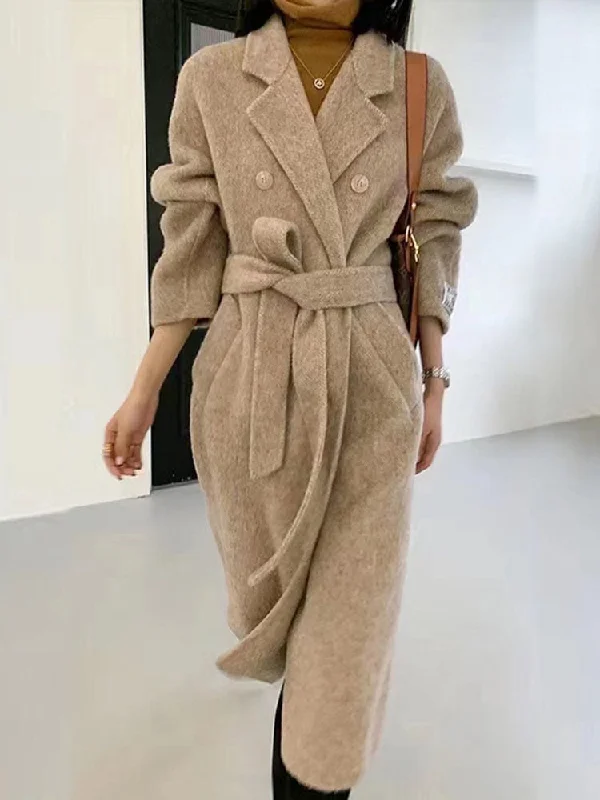 High Quality Wool Coats For Women Notched Double Breasted Belt Coats Anorak Windbreaker Fleece
