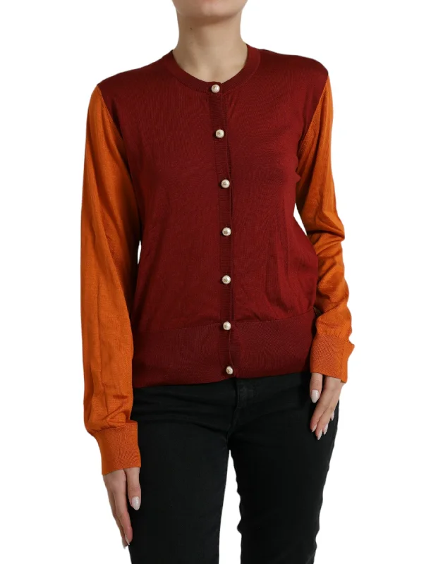 Dolce & Gabbana Silk Button Front Cardigan in Maroon Mix Thin Thick Dense