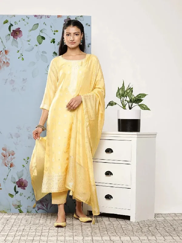 Yellow Self Design Silk Blend Straight Kurta With Trousers & Dupatta Trousers Trousers Formal