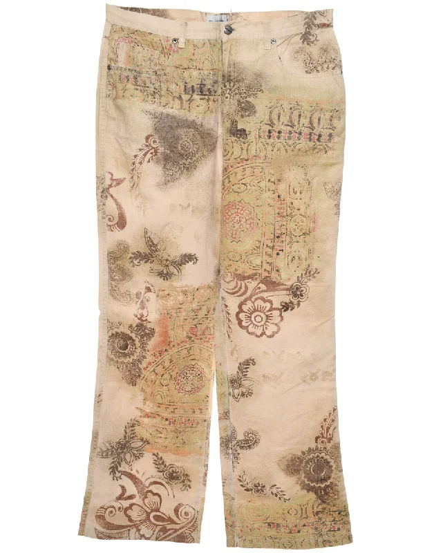 Light Brown & Pink 1990s Patterned Trousers - W32 L28 Trousers Elastic Waist Soft