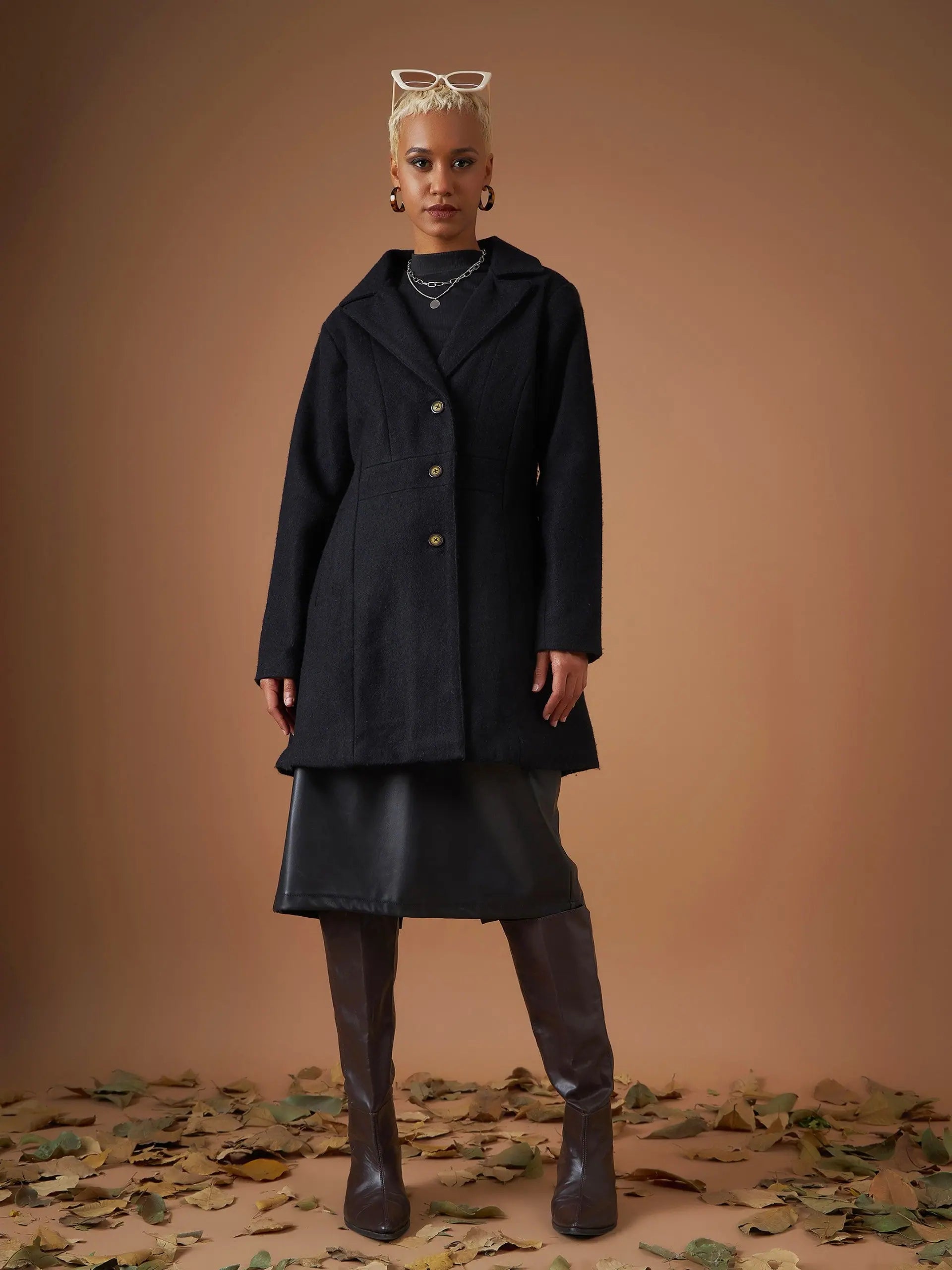 Women Black Tweed Notch Collar Longline Blazer Women's Vintage Jacket