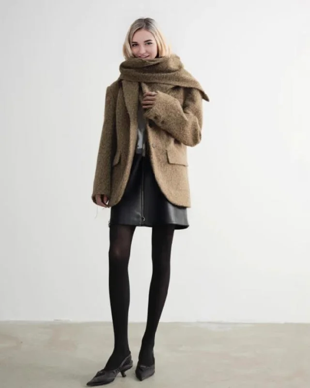 Blended Color Yarn Woolen Texture Blazer with Matching Scarf and Brown Leather Mini Skirt Set Women's Trendy Jacket