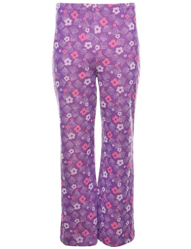Floral Print Purple & Pink Flared Trousers - W30 L29 Trousers Harem Relaxed Fit