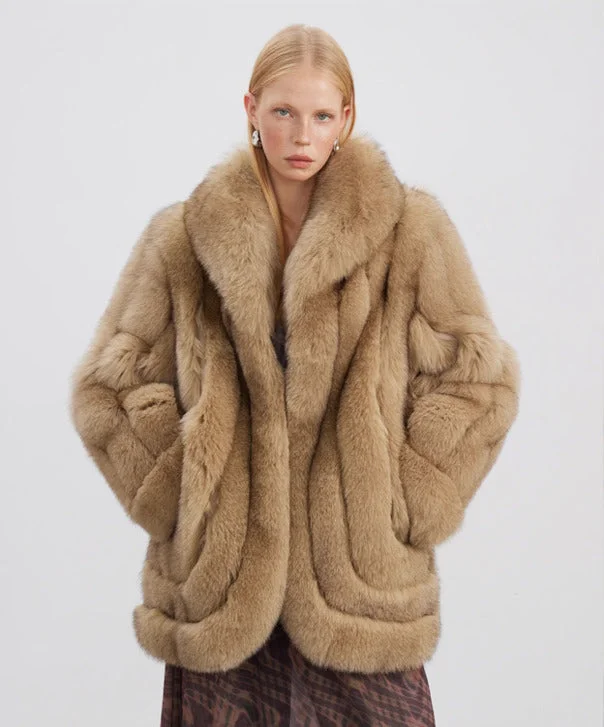 Women’s Olive Brown Fox Fur Coat Sequined Lace Ribbed