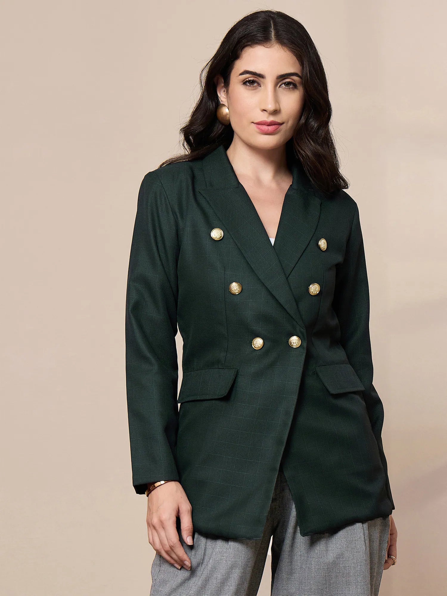 Women Green Double-Breasted Check Blazer-SFJCKT6948 Women's Fashion Blazer