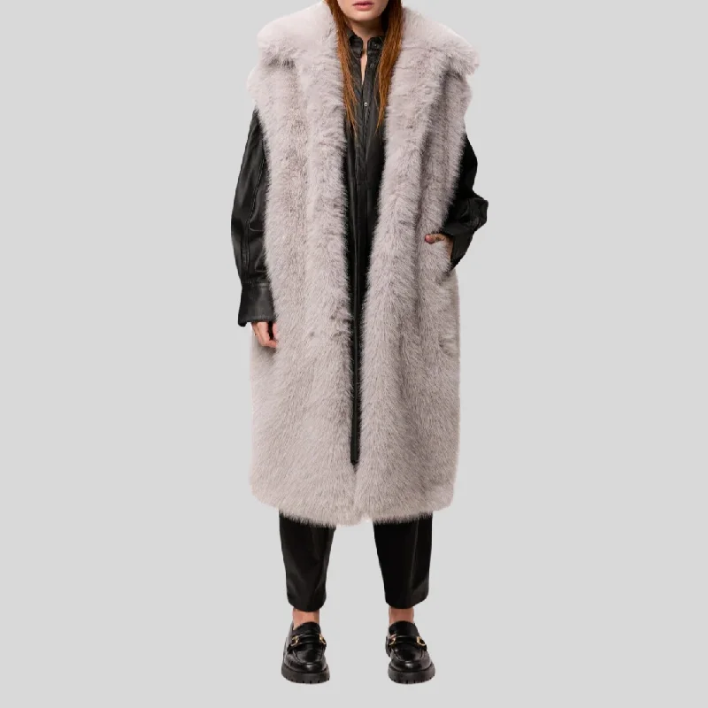 Faux Fur Sleeveless Long Coat - Dove Denim Leather Suede