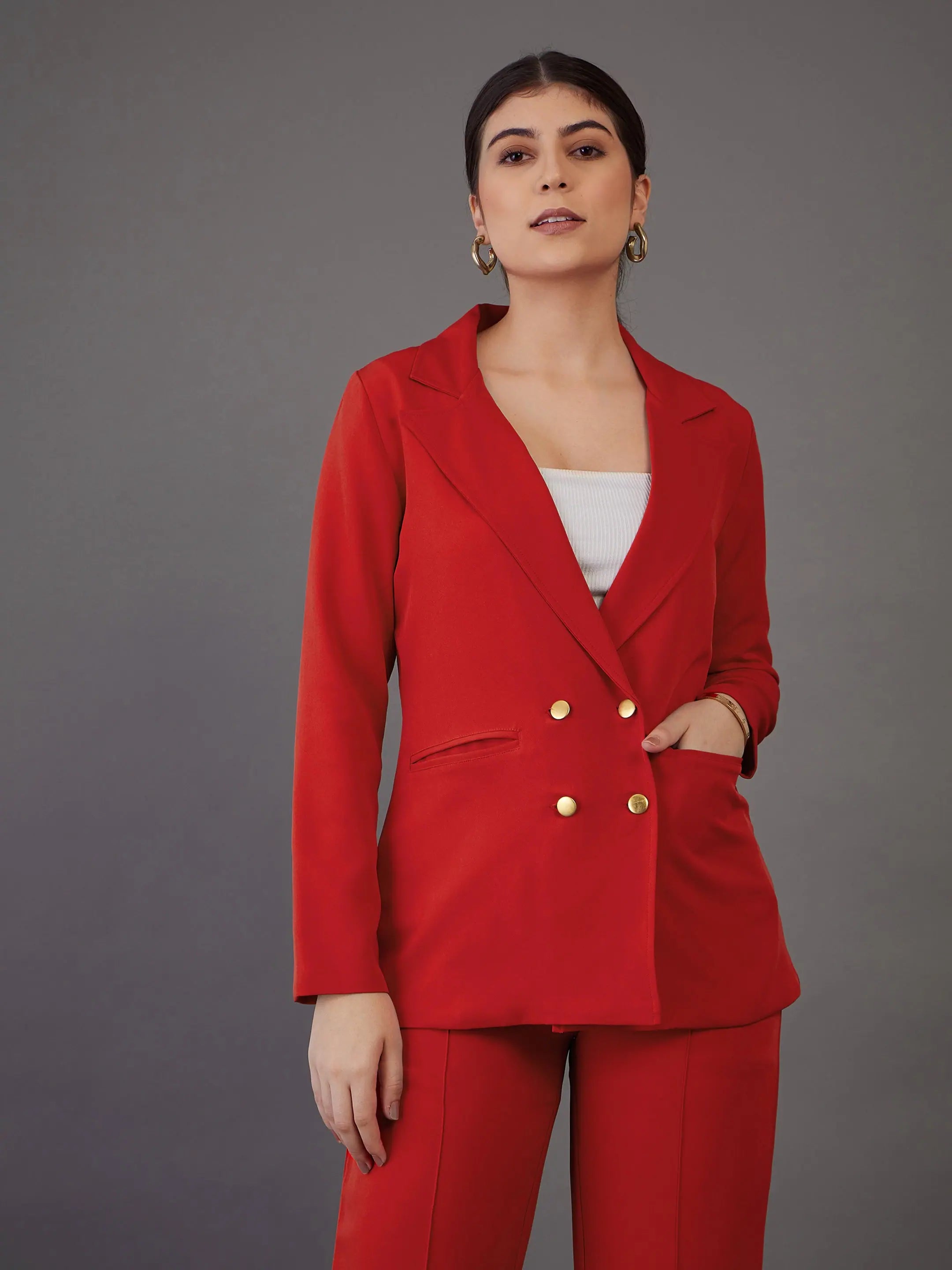 Women Orange Double-Breasted Blazer Women's Pencil Blazer