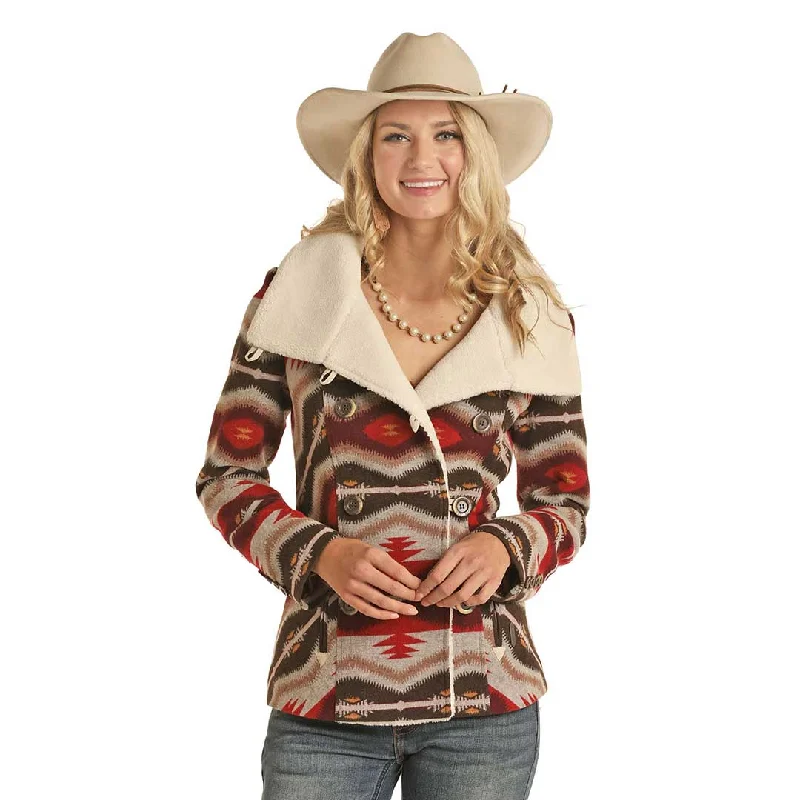 Powder River Outfitters Women's Aztec Jacquard Coat Faux Fur Real Fur Shearling