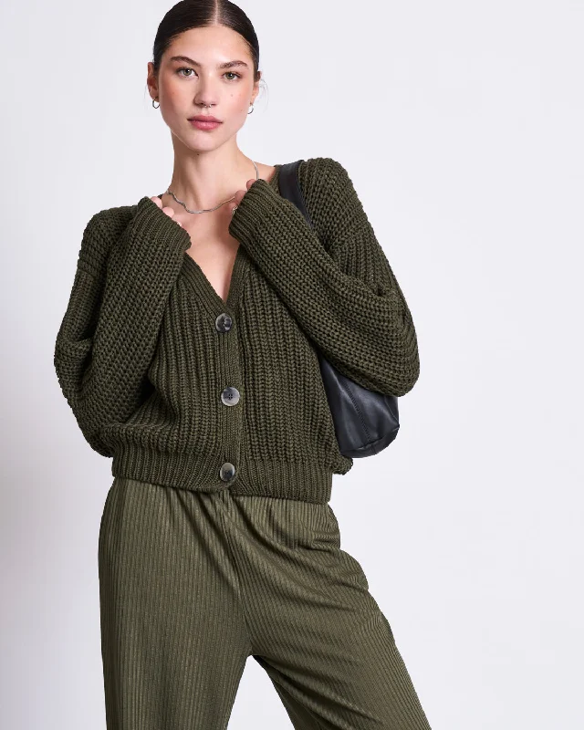 CHUNKY CARDIGAN LENA DARK OLIVE GOTS Zippered Buttoned Snapped
