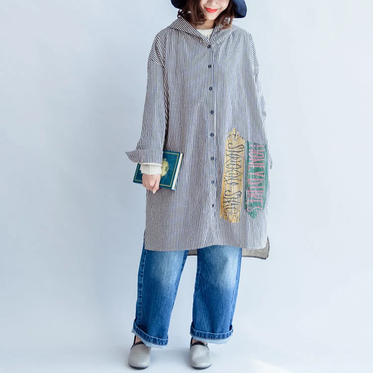 autumn black beige striped prints cotton shirt dress plus size hooded cardigans mid dress Toggled Drawstring Belted autumn black beige striped prints cotton shirt dress plus size hooded cardigans mid dress Toggled Drawstring Belted