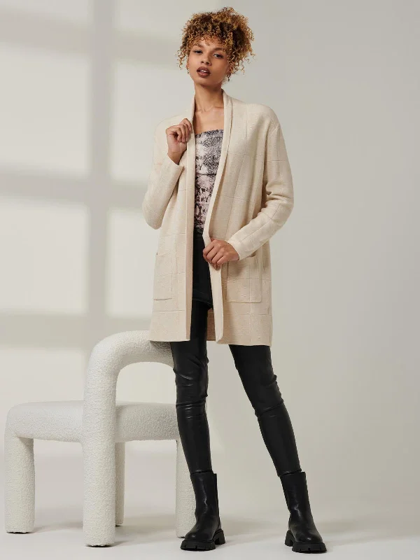 Shawl Collar Check Knit Cardigan, Beige Heather Spandex Rayon Corduroy