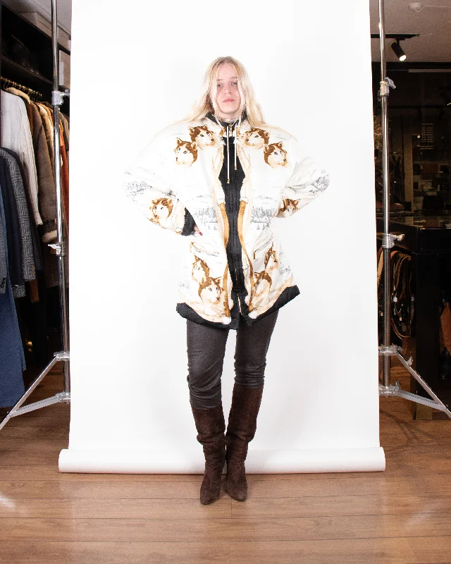1980s Escada Print Silk Puffer Coat L Lapel Coat Peter Pan Collar Coat Cowl Neck Coat