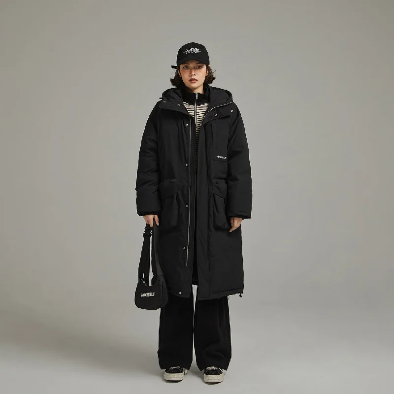 Hooded Logo Pocket Long Padded Coat Herringbone Houndstooth Plaid