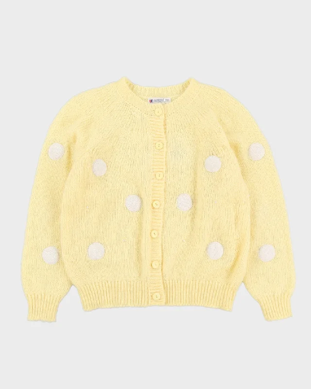 Yellow With White Dots Knitted Cardigan - M Chenille Blend Fleece Blend Nylon Blend