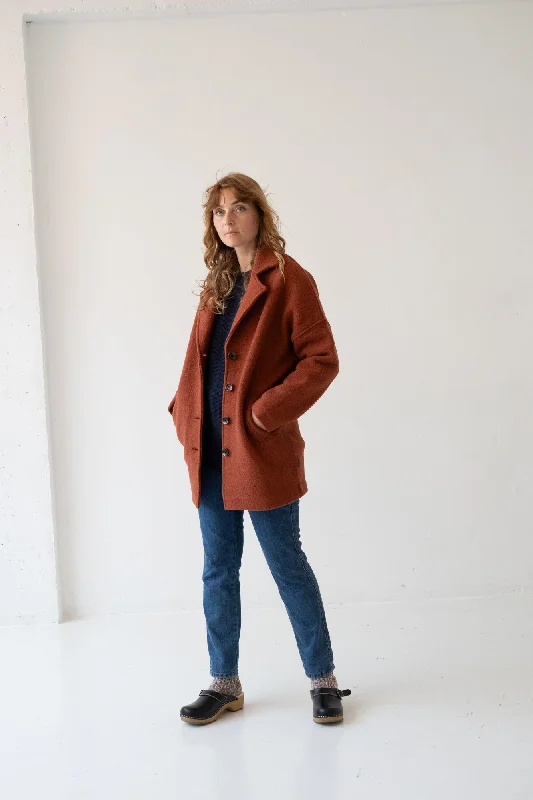Tad Chunky Wool Coat in Poppy Red Turtleneck Jacket Crew Neck Jacket V-Neck Jacket