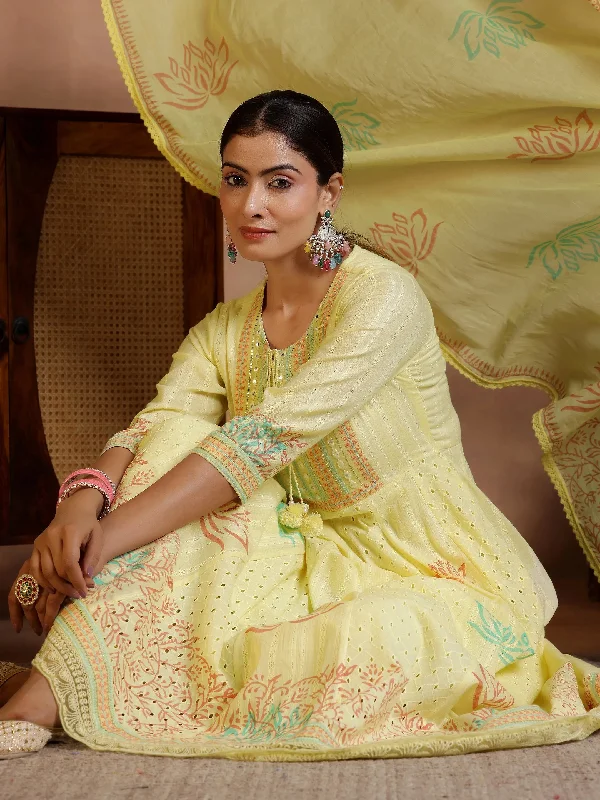 Yellow Embroidered Cotton A-Line Kurta With Trousers & Dupatta Trousers Satin Smooth
