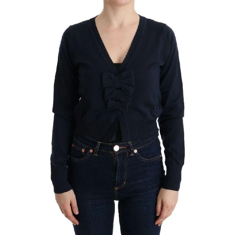 MARGHI LO' Elegant Blue Wool Cardigan Sweater Open Front Closed Front Wrap Front