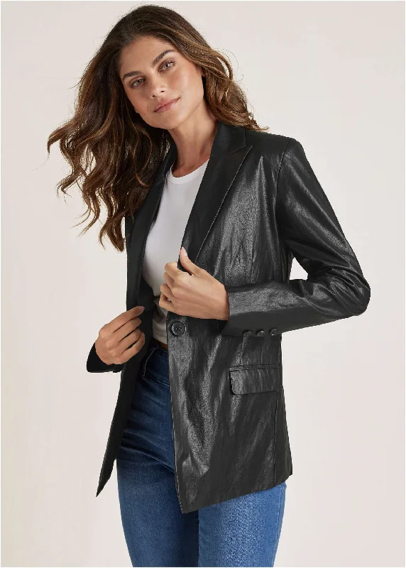 Faux-Leather Blazer - Black Women's Unique Blazer