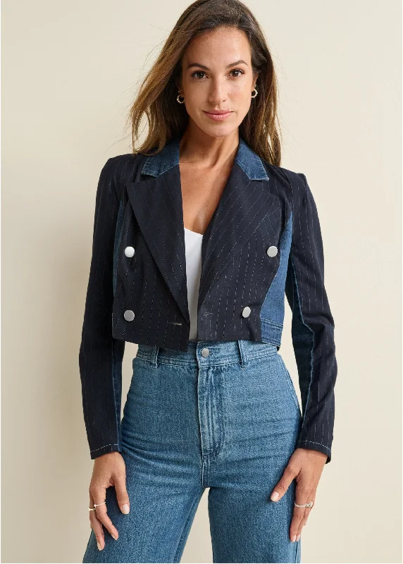 Tweed Denim Mixed Blazer - Medium Wash Women's Custom Jacket