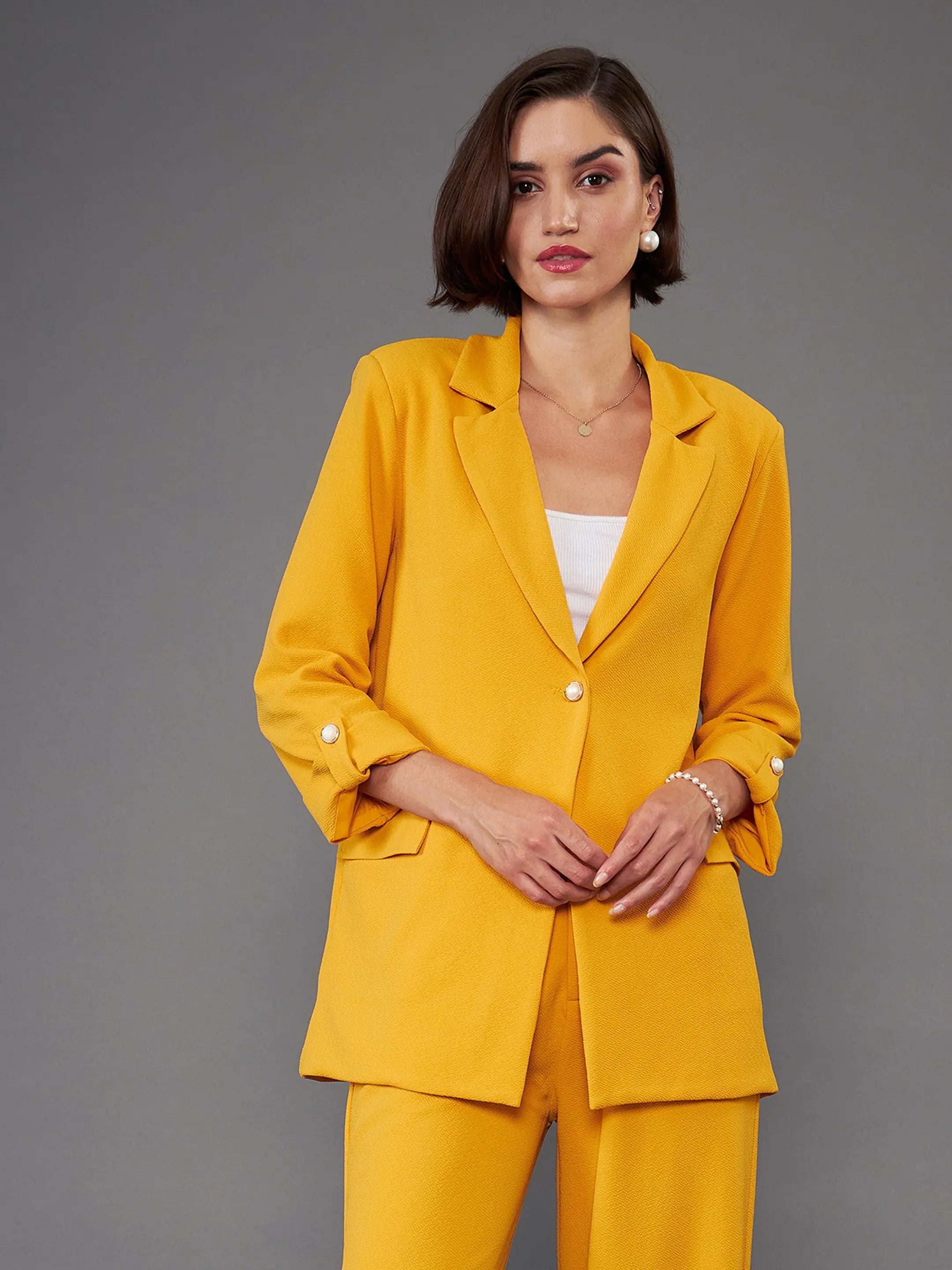 Women Mustard Front Button Blazer Women's Elegant Jacket