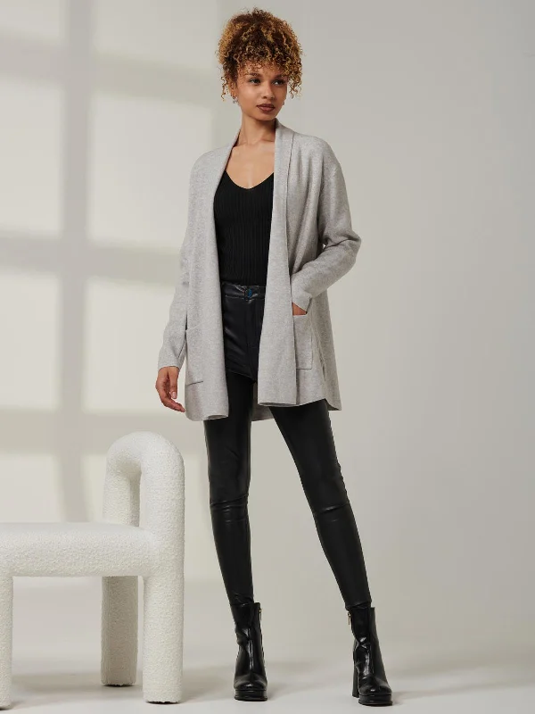 Folded Collar Fine Knit Cardigan, Dove Heather Real Fur Shearling Chenille