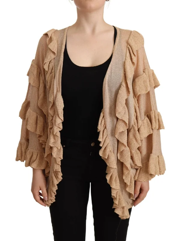 Aniye By Chic Beige Long Sleeve Open Front Cardigan Embroidered Appliqued Beaded