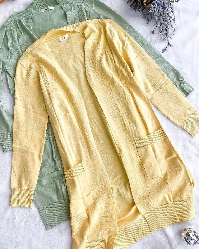 Banana Yellow Long Open Front Pocket Light Cardigan Cashmere Blend Cotton Blend Poly Blend Banana Yellow Long Open Front Pocket Light Cardigan Cashmere Blend Cotton Blend Poly Blend