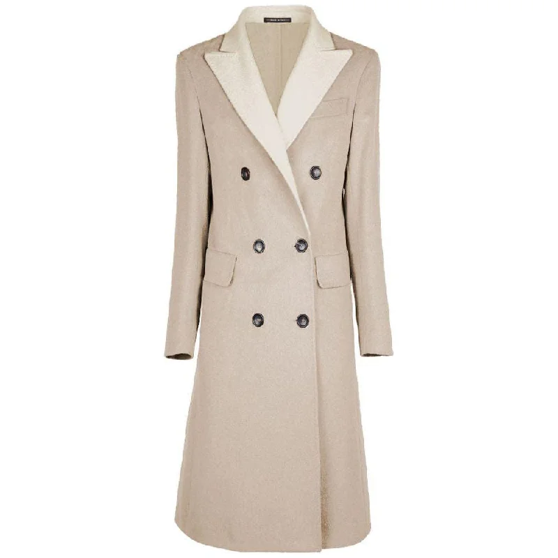 Made in Italy Beige Wool Women Coat Solid Print Jacquard