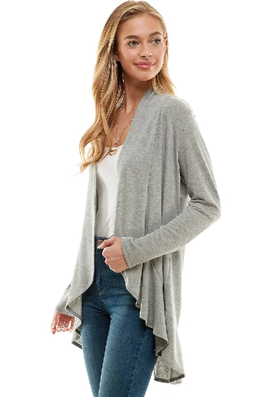 Women's Long Sleeves Ruffle Hacci Cardigan in Heather Gray Denim Fabric Leather Fabric Suede Fabric