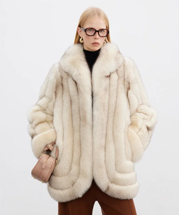 Women’s Ivory Dream Fox Fur Coat Pleated Ruffled tiered