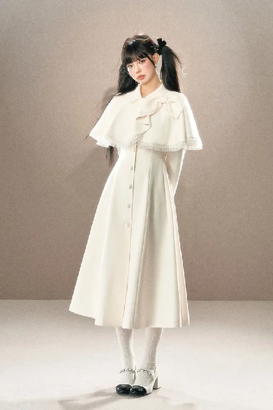 French Noble And High-end Sense Bow Long Cape Coat UND0014 Cape Coat Herringbone Coat Tweed Coat