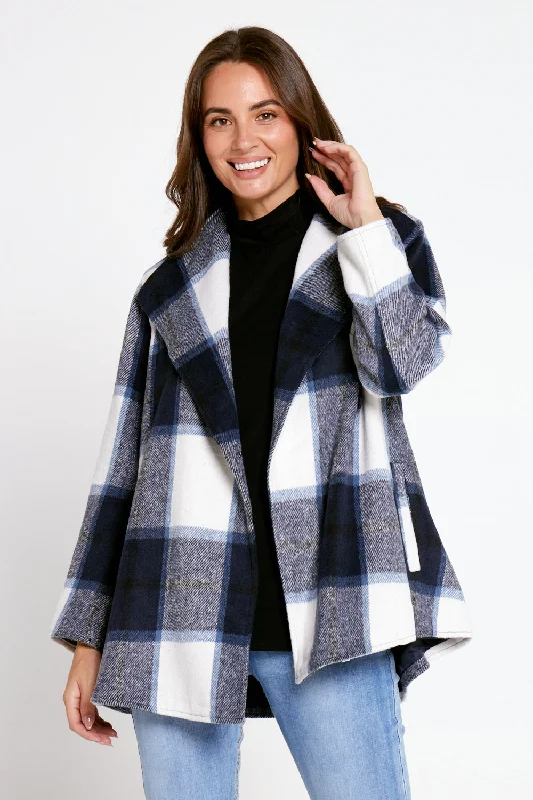 Madison Plaid Coat - Ink Check Peter Pan Collar Cowl Neck Turtleneck