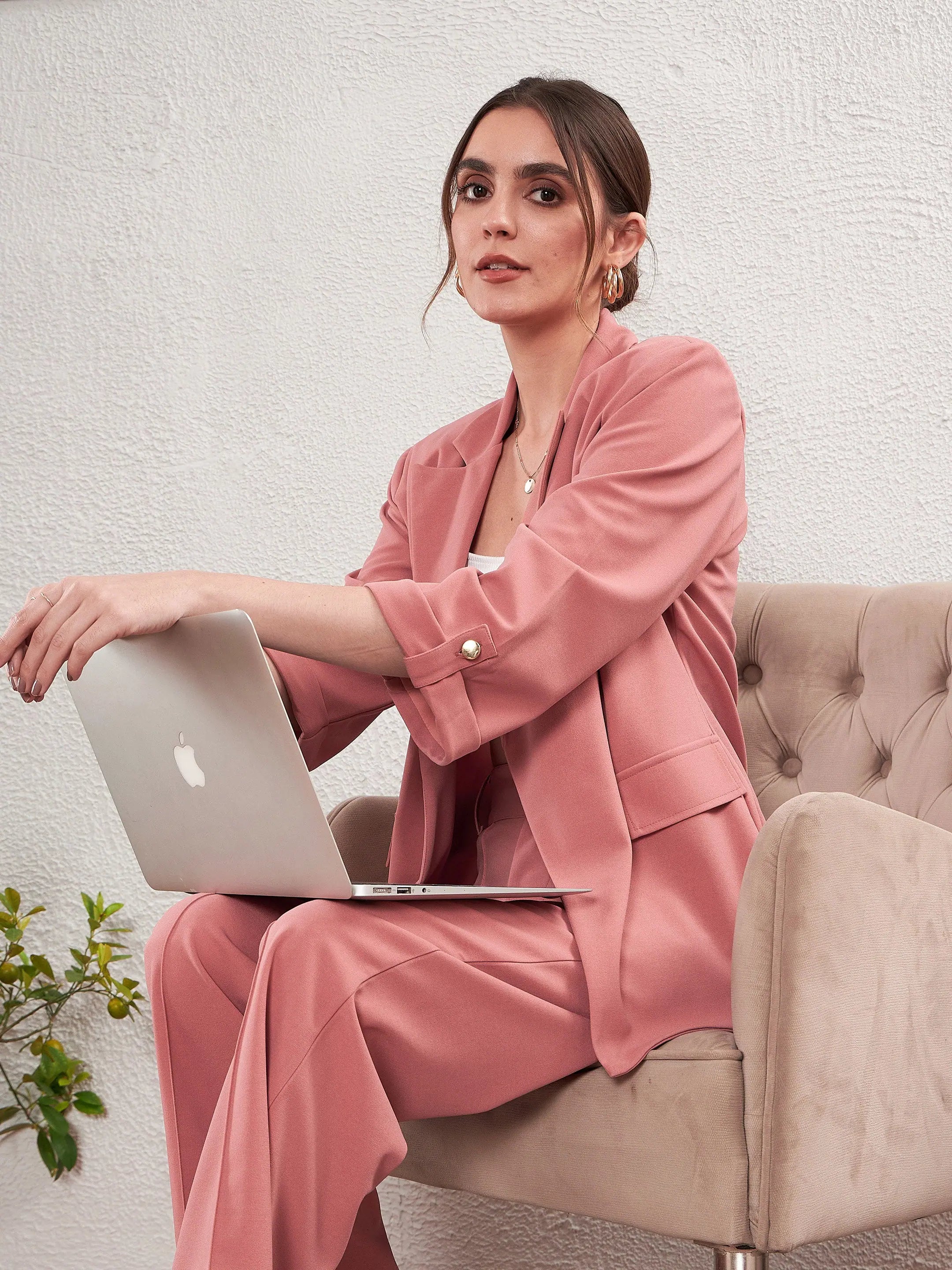 Women Peach Longline Front Open Blazer Winter Women's Blazer