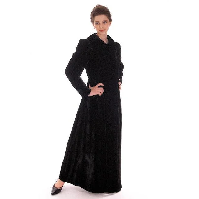 Vintage Black Silk Velvet Evening Coat 1930s  Full Length 38 bust Asymmetrical Collar Hooded Zippered