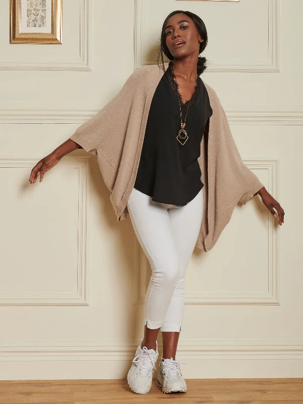 Loose Fit Batwing Knitted Cardigan, Light Khaki Cable Knit Ribbed Knit Lace Knit
