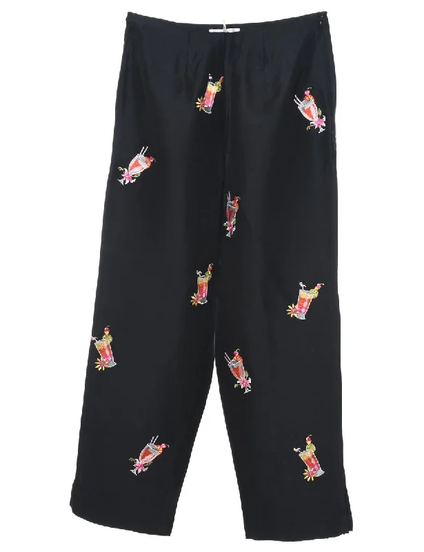 Novelty Print Embroidered Silk Trousers - W28 L27 Trousers Culottes Wide Leg