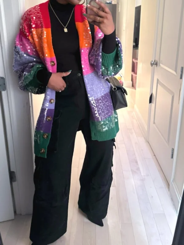 Rainbow Sequin Knit Cardigan Beaded Cardigan Sequined Faux Fur