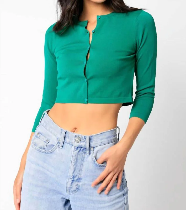 Lisa Cropped Cardigan in Green Chenille Brocade Lace