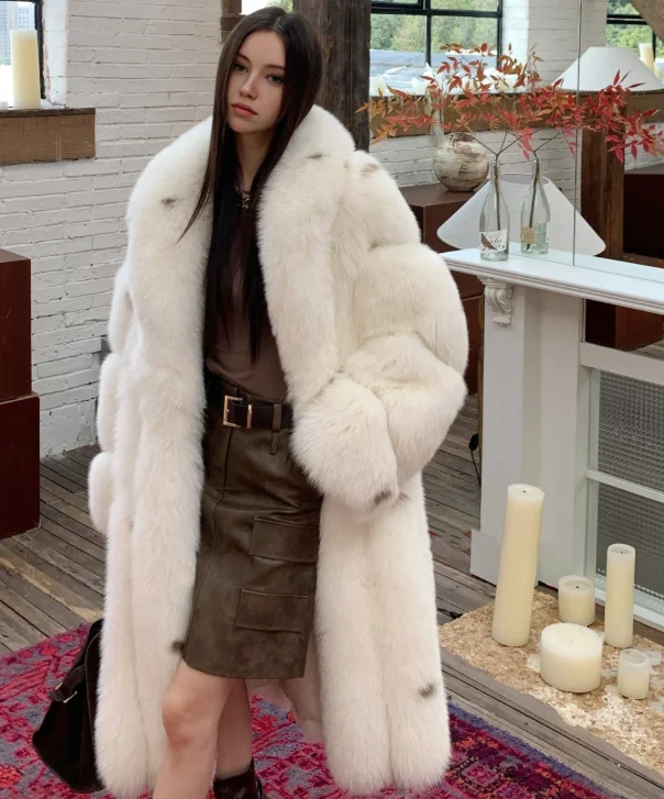 Women’s Full Length Snow Fox Fur Coat Kimono Robe Cloak