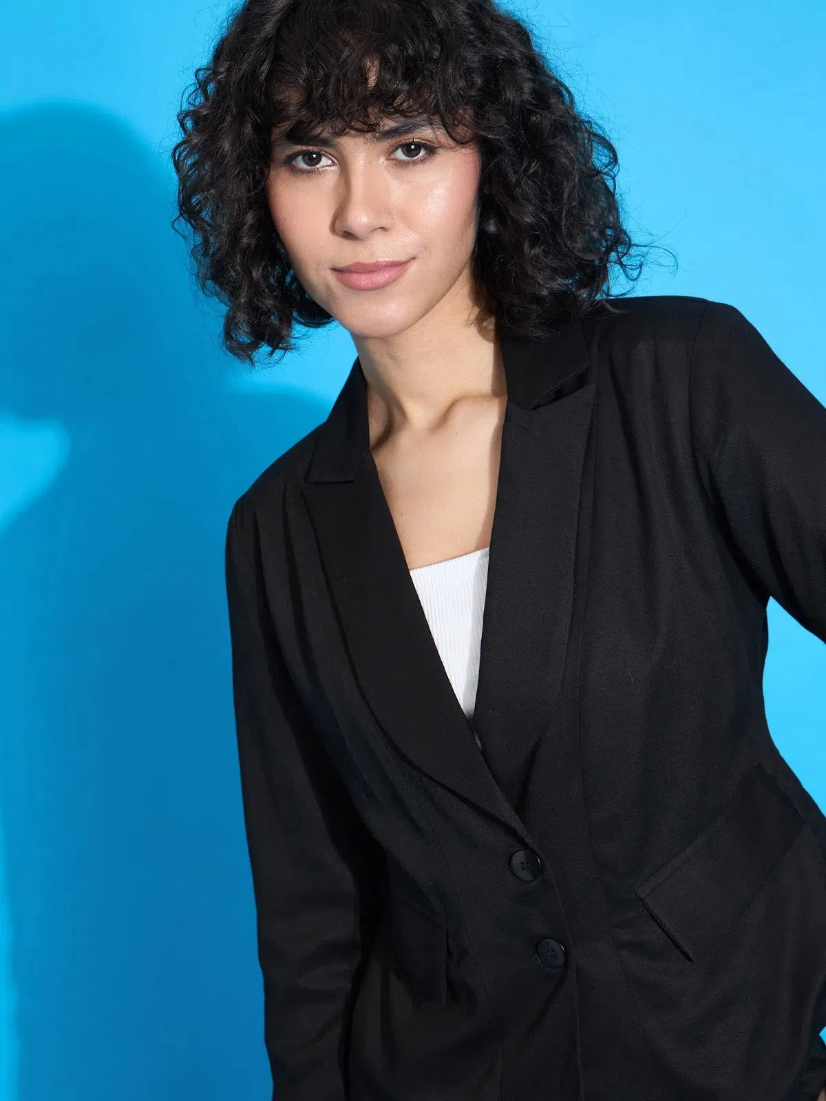 Women Black Rayon Tencil Notched Collar Blazer Women's Luxurious Suit