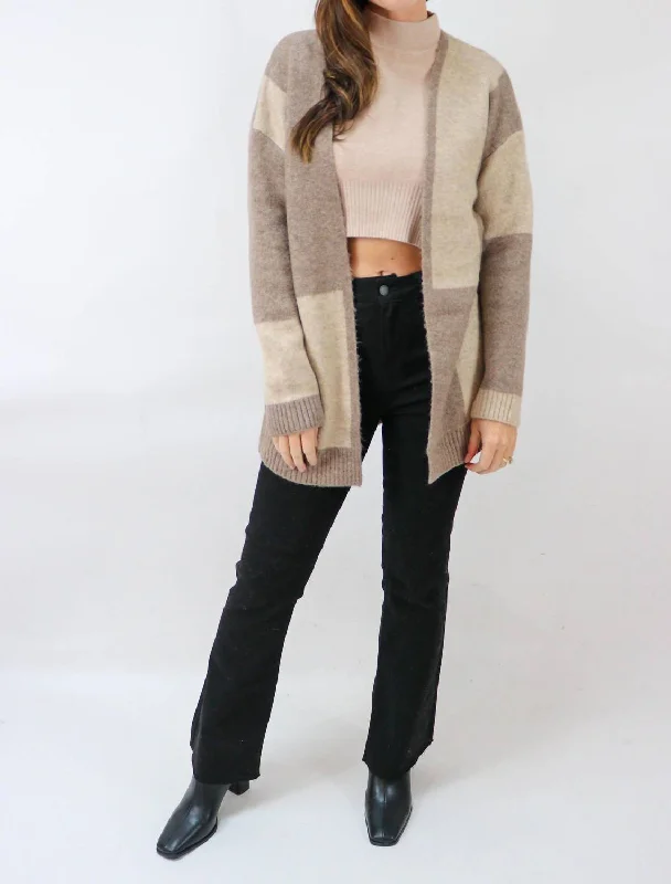 Beyond The Horizon Color Block Oversized Open Cardigan in Camel Multi Plaid Cardigan Polka Dot Checkered Beyond The Horizon Color Block Oversized Open Cardigan in Camel Multi Plaid Cardigan Polka Dot Checkered