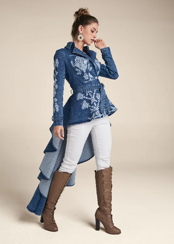 Printed High Low Denim Trench Coat - Indigo Blue Striped Polka Dot Floral