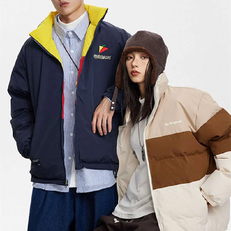 Unisex Couples Contrast Color Embroidered Stand Collar Coat - 2 in 1 wear Trim Padded Insulated