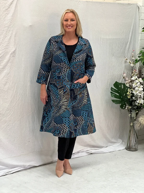 Lorelai Blue Abstract Fleece Coat Off-the-Shoulder Jacket Double-Breasted Coat Single-Breasted Coat
