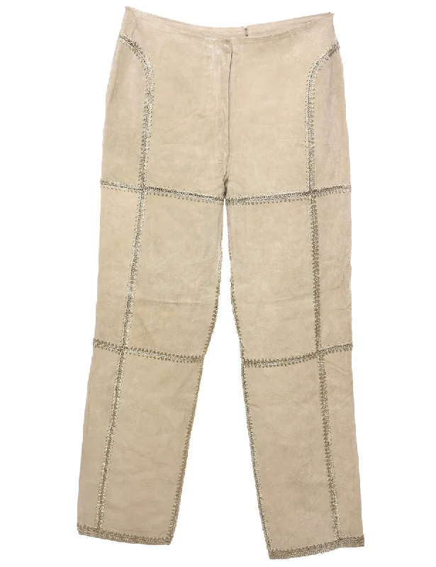 Beige Suede Patchwork Trousers - W31 L30 Trousers Sale Discount