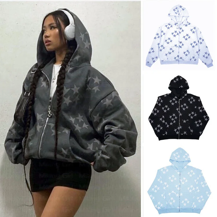 Stars Printed Zipper Hooded Cardigan Couple Fashion Outerwear Hoodies Sweatshirt Street Men Women Coat Mesh Cardigan Canvas Denim Stars Printed Zipper Hooded Cardigan Couple Fashion Outerwear Hoodies Sweatshirt Street Men Women Coat Mesh Cardigan Canvas Denim
