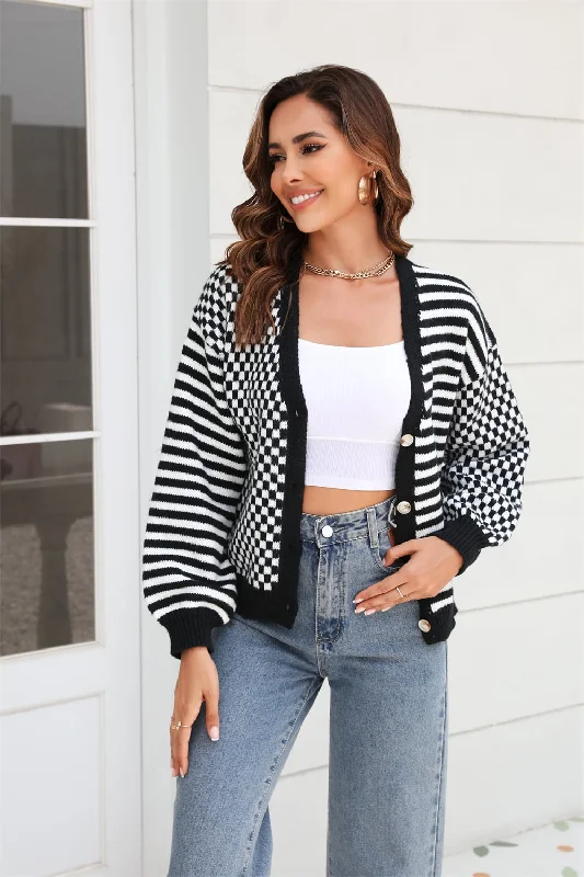 Button-Down Stripe & Plaid Contrast Pattern Cardigan Toggled Drawstring Belted