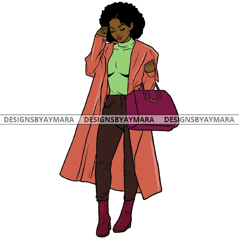 Afro Urban Fashionista Goddess Heels Attractive Black Woman Coat Sexy Afro Hair Style  SVG Cutting Files For Silhouette Cricut Houndstooth Jacket Shearling Jacket Fleece Jacket
