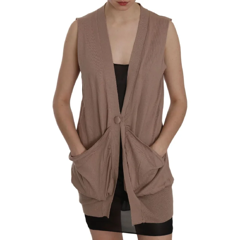 PINK MEMORIES Chic Sleeveless Cotton Cardigan Vest - Elegant Brown Fitted Loose Oversized